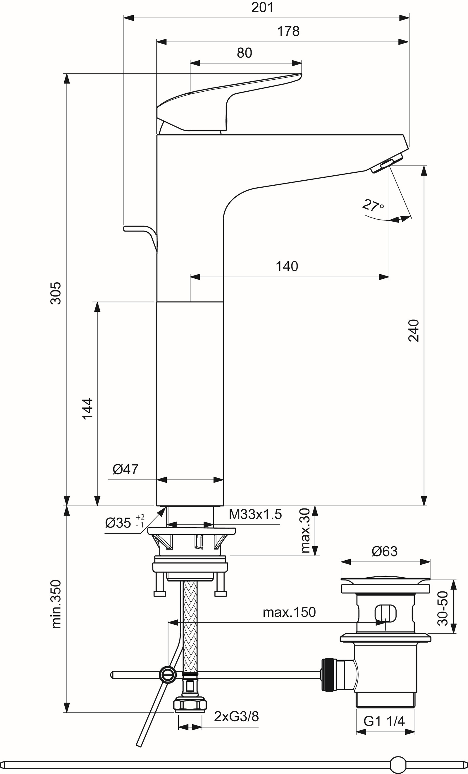 Ideal-Standard Waschtisch-Einhebelmischer CeraFlex chrom, verlängerter Sockel, mit Ablaufgarnitur, Ausladung 140mm