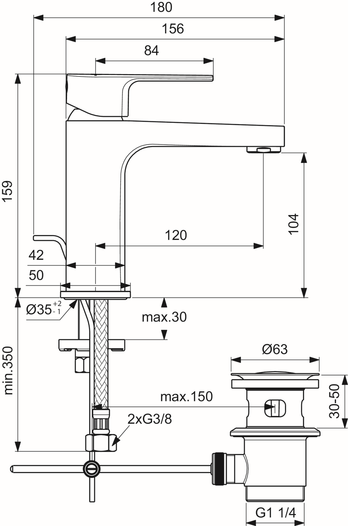 Ideal-Standard Waschtisch-Einhebelmischer Cerafine D Grande mit Metall-Ablaufgarnitur, chrom, Ausladung 120mm