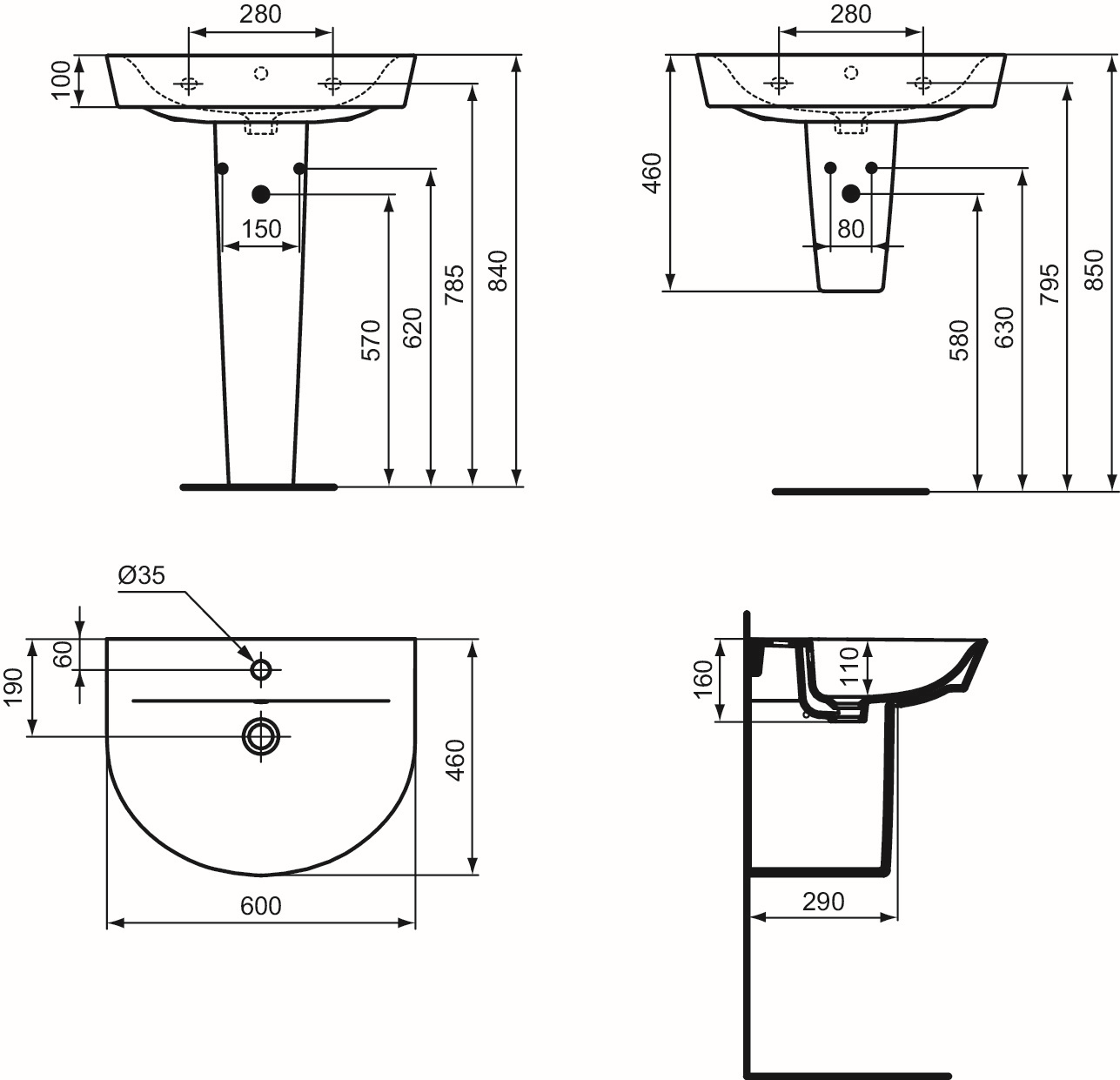 Ideal-Standard Waschtisch Connect Air mit Hahnloch und Überlauf, 60x46x16cm, weiß