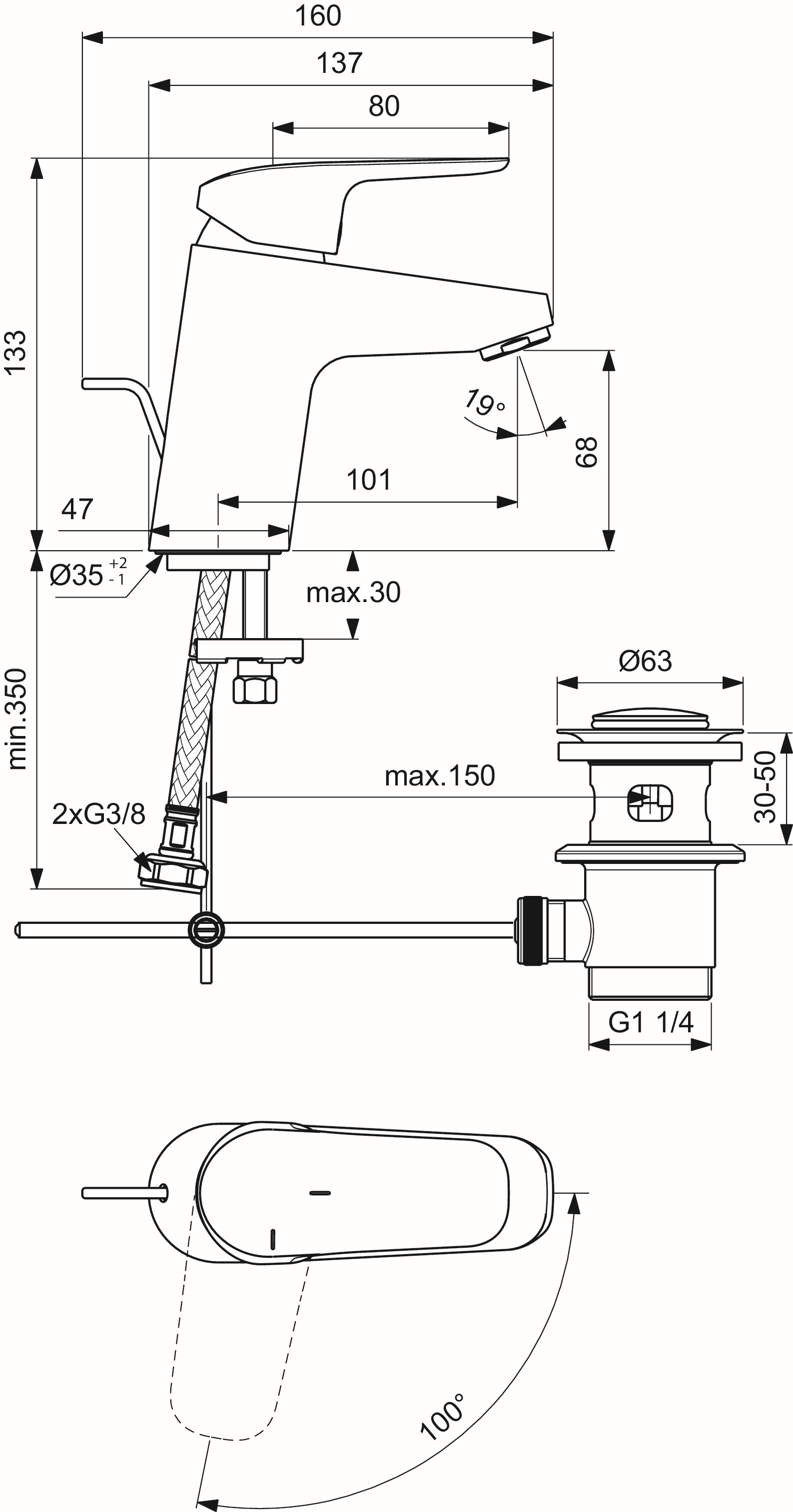 Ideal-Standard Waschtisch-Einhebelmischer CeraFlex BlueStart, mit Metall-Ablaufgarnitur, Ausladung 101mm, chrom