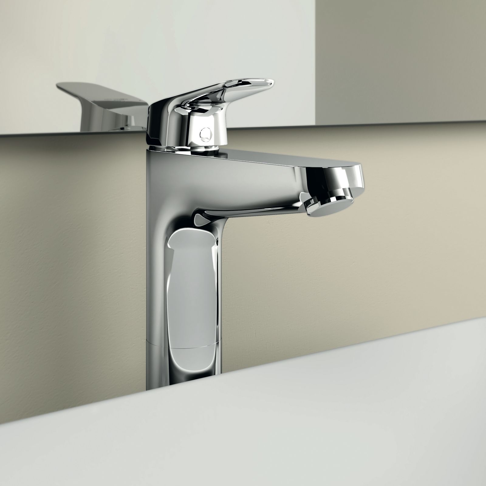 Ideal-Standard Waschtisch-Einhebelmischer CeraFlex chrom, Ausladung 140mm, verlängerter Sockel, mit Ablaufgarnitur