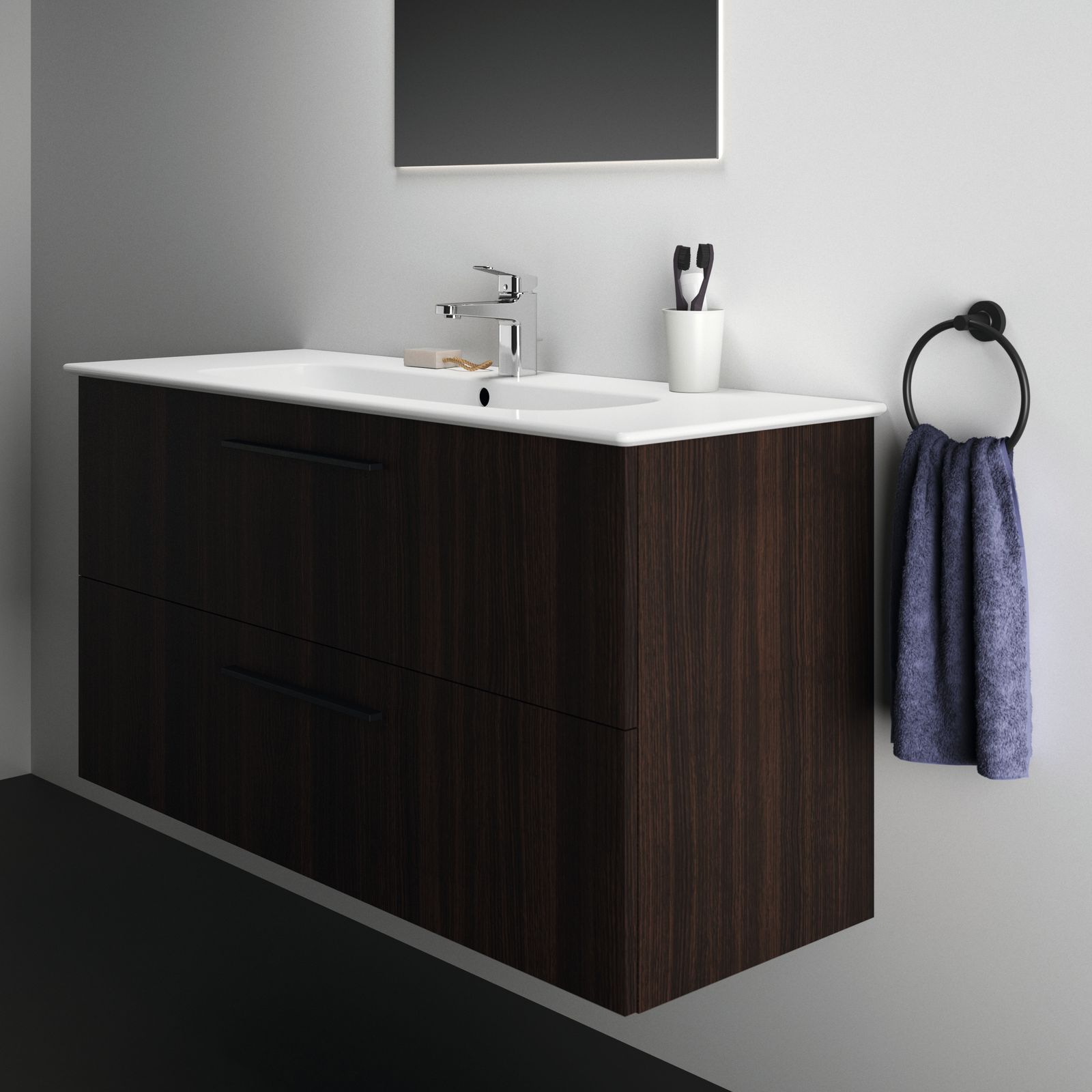 Ideal-Standard Möbelwaschtisch-Paket i.life A 124x46x64,5cm, 1 Hahnloch, Griff Chrom gebürstet, coffee oak
