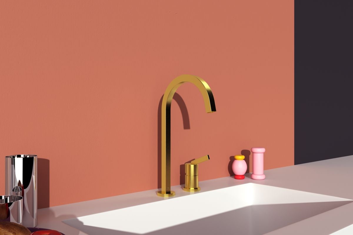 Ideal-Standard Küchen-2-Loch-Armatur Gusto quadratischer, hoher Auslauf, Ausladung 204mm, brushed gold