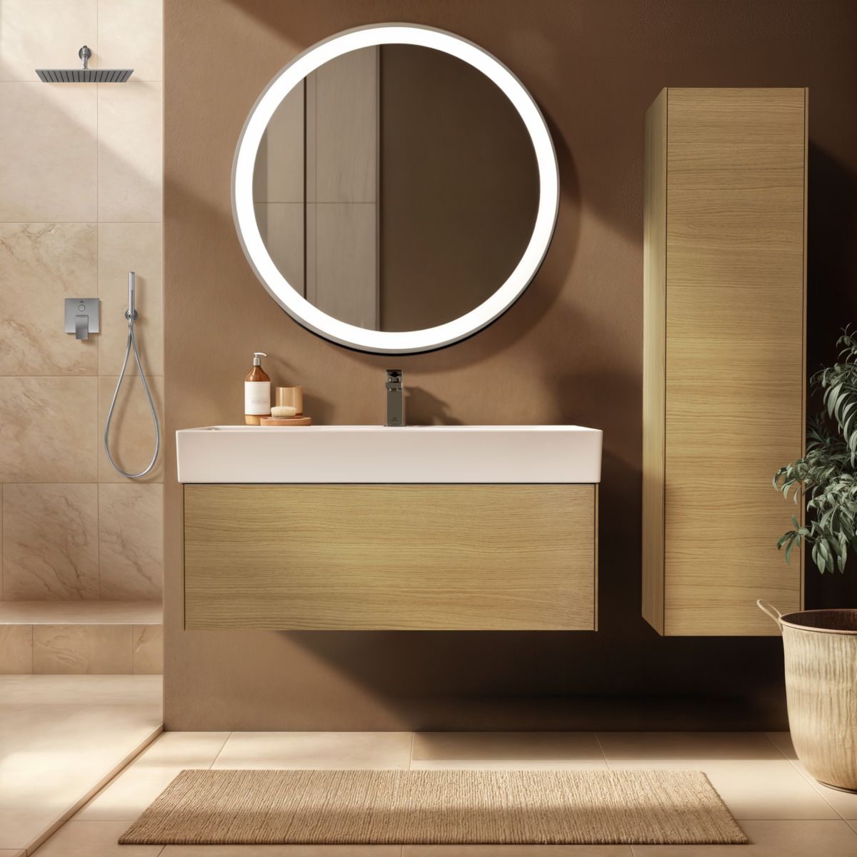 Ideal-Standard Halbhochschrank Conca 1 Tür, Anschlag rechts oder links, 37x25x140cm, Eiche hell Furnier