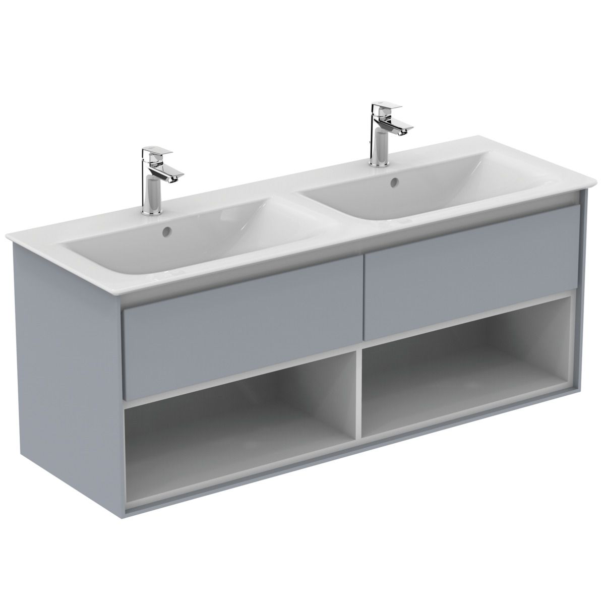 Ideal-Standard Doppelwaschtisch-Unterschrank Connect Air 2 Auszüge, 130 x 44 x 51,7 cm, hellgrau glänzend/weiß matt