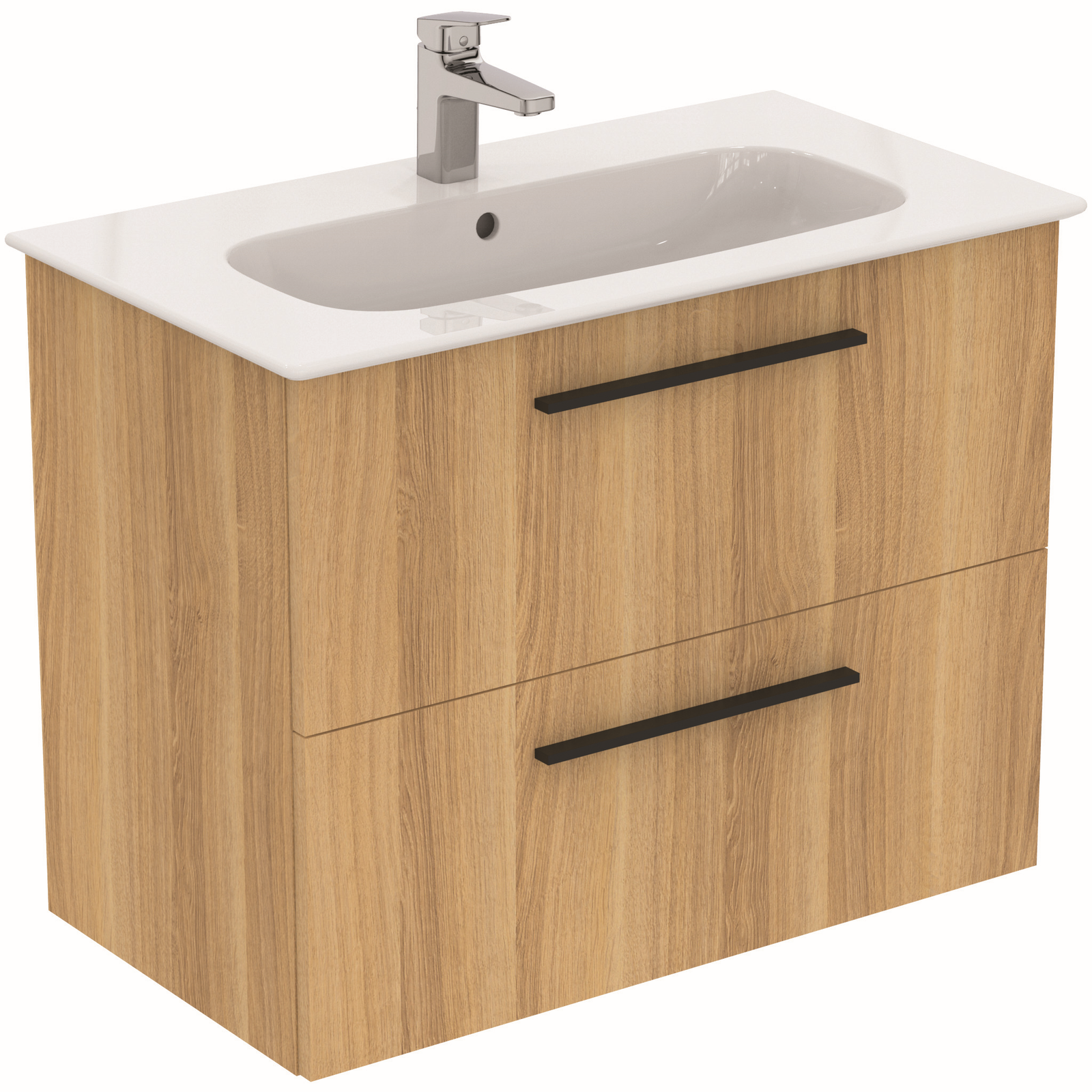 Ideal-Standard Möbelwaschtisch-Paket i.life A 84x46x64,5cm, 1 Hahnloch, Griff schwarz matt, Eiche natur