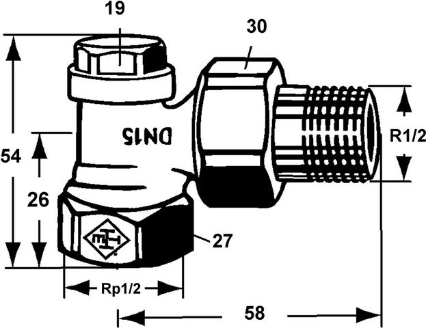Heimeier Rücklaufverschraubung Regulux DN 15, Rp 1/2 x R 1/2, Eck, mit Voreinstellung, Entleerung, Rotguss