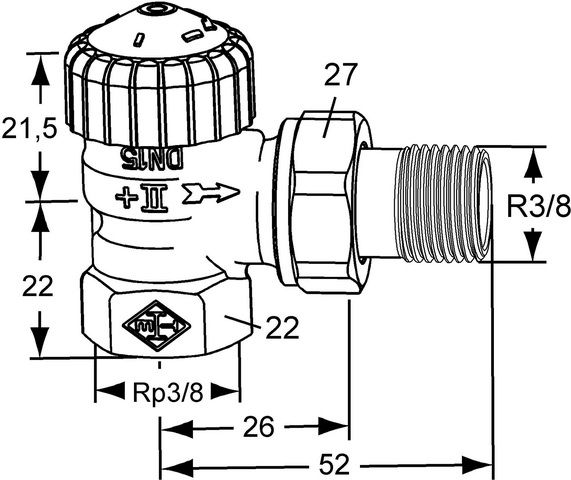 Heimeier Thermostat-Ventilunterteil V-exact II Rp 3/8 x R 3/8, Eck, Rotguss vernickelt