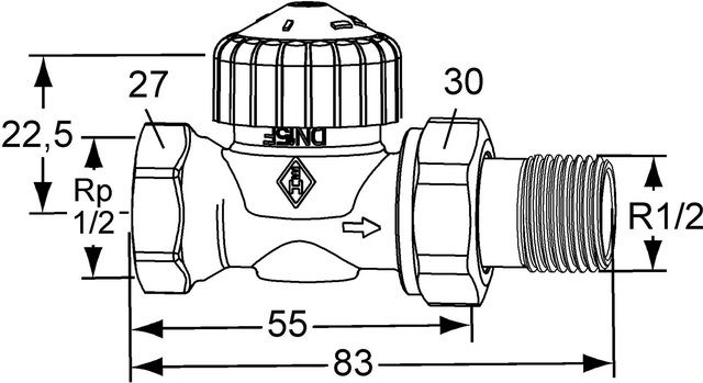 Heimeier Thermostat-Ventilunterteil V-exact II Rp 1/2 x R 1/2, Durchgang, verkürzt, Messing