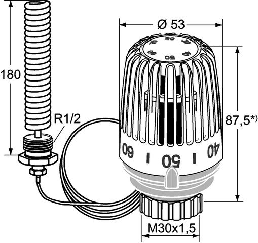 Heimeier Thermostat-Kopf K R 1/2 x 128 mm, mit Wendel-Tauchfühler, weiß