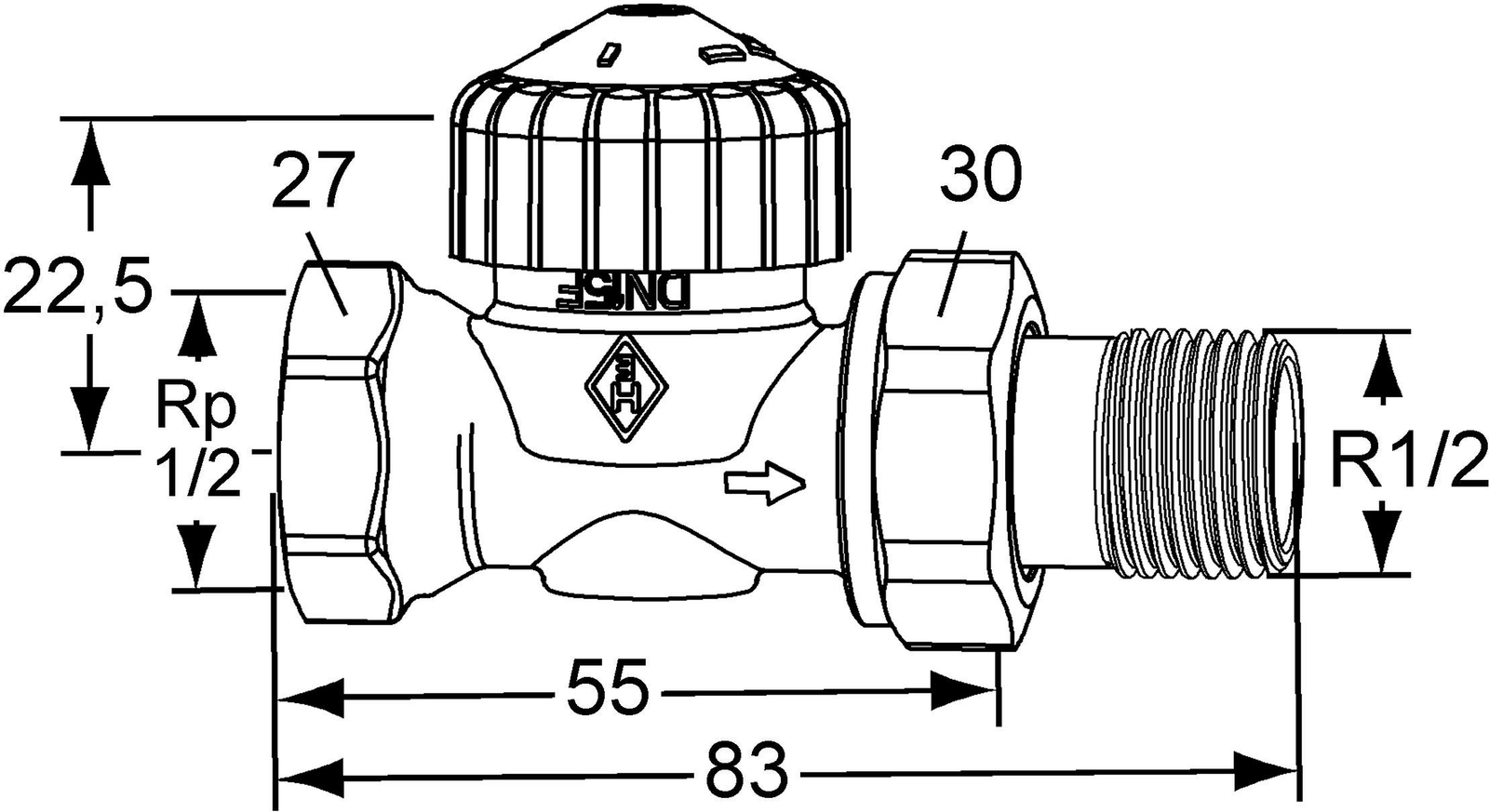 Heimeier Thermostat-Ventilunterteil V-exact II DN 20, Rp 3/4 x R 3/4, Durchgang, verkürzt, Messing