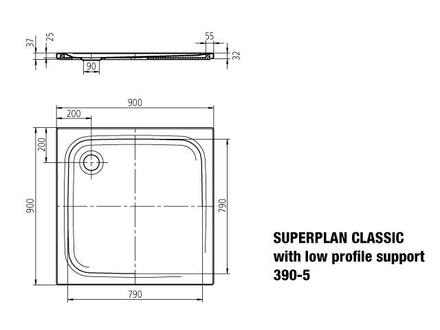 Kaldewei Duschwanne SUPERPLAN CLASSIC 390-5 90x90x2,5cm, Träger flach, Vollantislip, schwarz