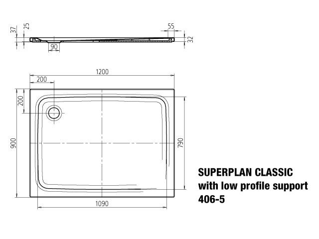 Kaldewei Duschwanne SUPERPLAN CLASSIC 406-5 90x120x2,5cm, Träger flach, Antislip, schwarz