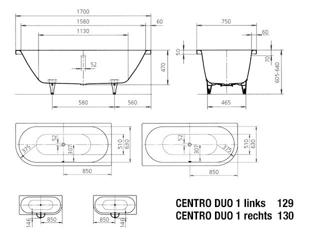 Kaldewei Badewanne CENTRO DUO 1 links 129 170x75cm, Griffloch, Perl-Effekt, Vollantislip, schwarz