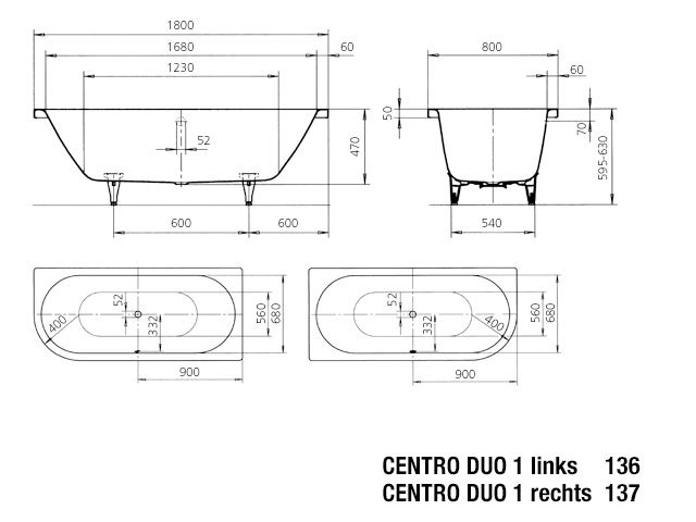 Kaldewei Badewanne CENTRO DUO 1 links 136 180x80cm, Griffloch, Antislip, schwarz