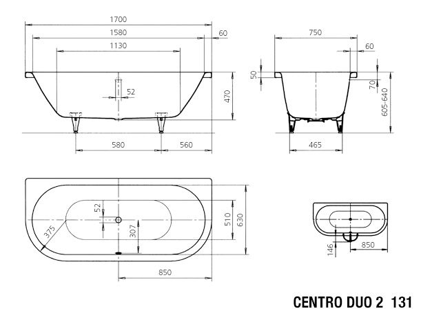 Kaldewei Badewanne CENTRO DUO 2 131 170x75cm, Grifflochbohrung, Perl-Effekt, Vollantislip, schwarz