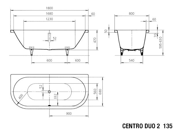 Kaldewei Badewanne CENTRO DUO 2 135 180x80cm, Griffloch, Perl-Effekt, Rutschhemmend, pergamon