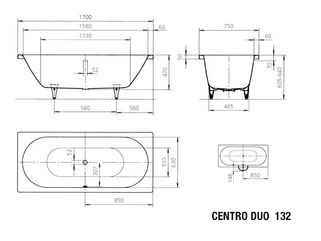 Kaldewei Badewanne CENTRO DUO 132 170x75cm, Griffloch, weiß
