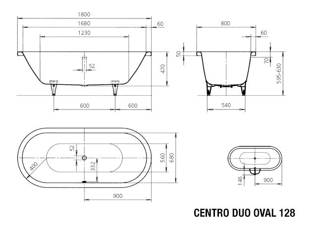 Kaldewei Badewanne CENTRO DUO oval 128 180x80cm, Griffloch, alpinweiß matt