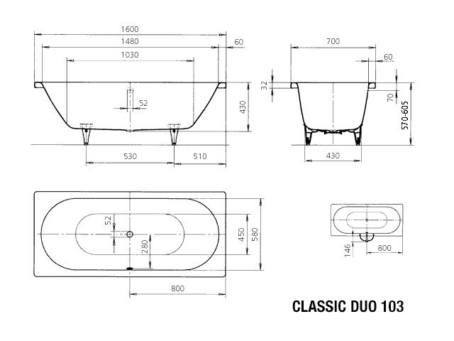 Kaldewei Badewanne CLASSIC DUO 103 160x70cm, Griffloch Vollantislip, alpinweiß