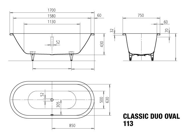 Kaldewei Badewanne CLASSIC DUO oval 113 170x75cm, Vollantislip, bahamabeige