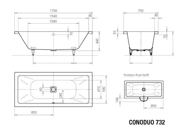 Kaldewei Badewanne CONODUO 732 170x75cm, Griffloch, weiß