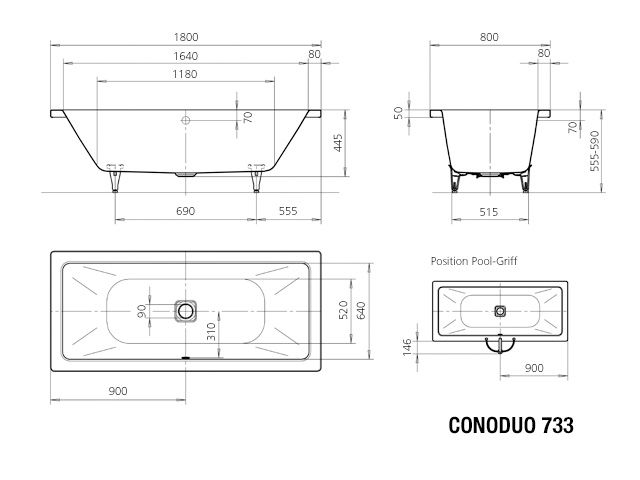 Kaldewei Badewanne CONODUO 733 180x80cm, Griffloch, Perl-Effekt, Rutschhemmend, pergamon