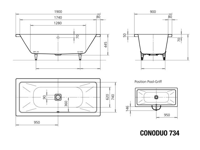 Kaldewei Badewanne CONODUO 734 190x90cm, Griffloch Vollantislip Perl-Effekt, pergamon
