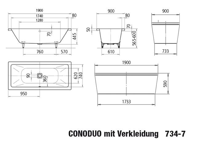 Kaldewei Badewanne CONODUO 734-7 190x90cm, mit Schürze, Standard, weiß