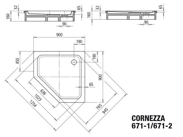 Kaldewei Duschwanne CORNEZZA 671-2 90x90x6,5cm, mit Träger, Antislip, schwarz