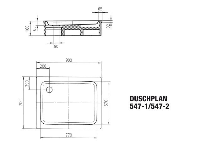 Kaldewei Duschwanne DUSCHPLAN 547-1 70x90x6,5cm, Antislip Perl-Effekt, schwarz