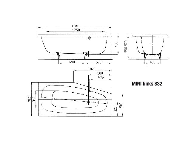 Kaldewei Badewanne MINI links 832 157x75/50cm, Vollantislip Perl-Effekt, manhattan