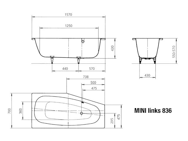 Kaldewei Badewanne MINI links 836 157x70/47,5cm, Vollantislip Perl-Effekt, schwarz