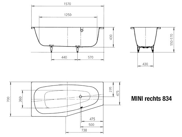 Kaldewei Badewanne MINI rechts 834 157x70/47,5cm, Antislip, schwarz