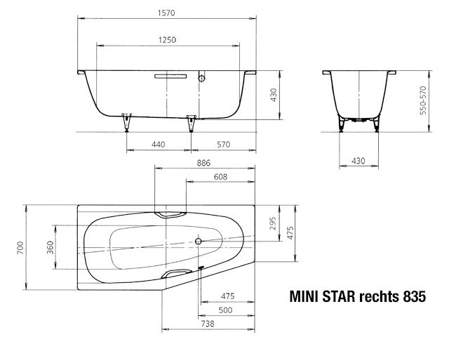 Kaldewei Badewanne MINI STAR rechts 835 157x70/47,5cm, Vollantislip Perl-Effekt, manhattan