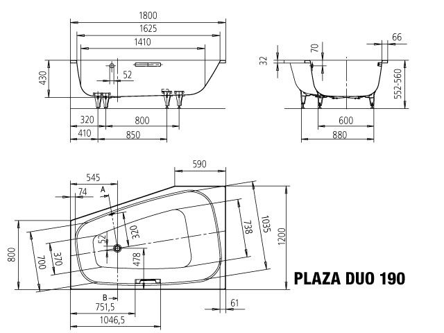 Kaldewei Badewanne PLAZA DUO 190 180x120/80cm, rechts, Griffloch, Perl-Effekt, bahamabeige