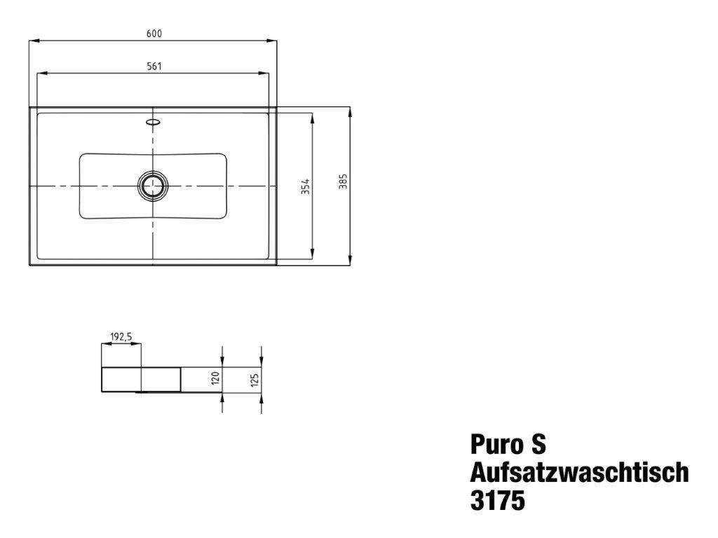 Kaldewei Aufsatzwaschtisch PURO S 3175, 60 x 38,5 cm, warm beige 20, mit Überlauf, ohne Hahnloch