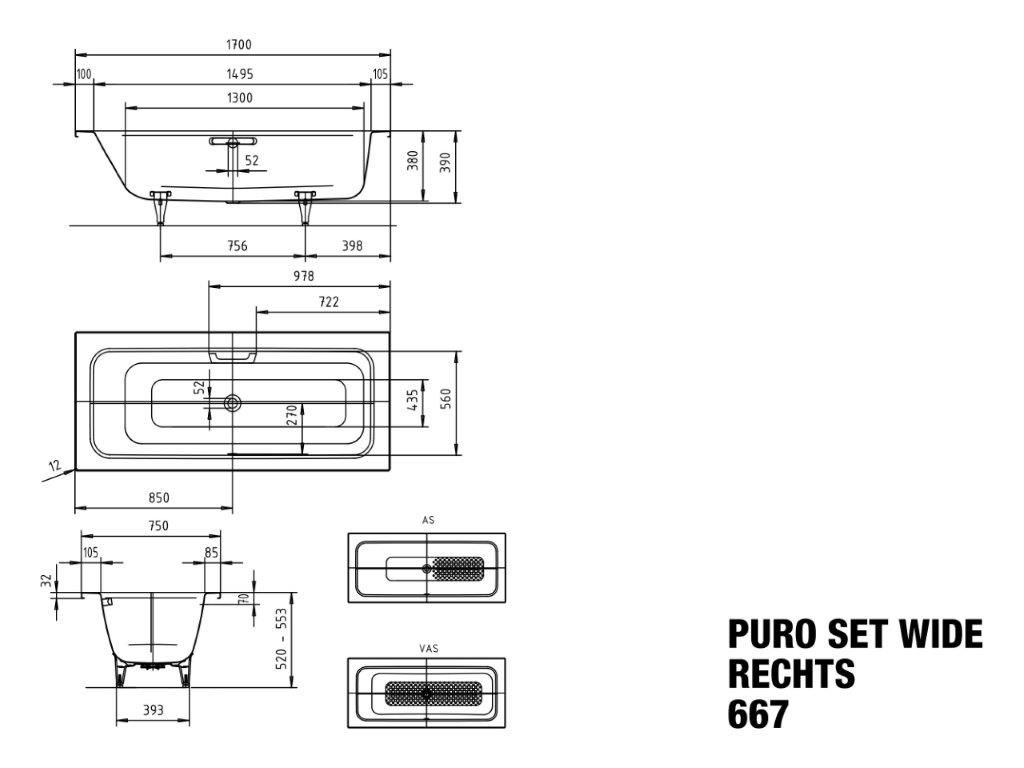 Kaldewei Badewanne PURO SET WIDE rechts 667 170x75cm, Überlauf mittig, Griffloch, Perl-Effekt, Rutschhemmend, pergamon