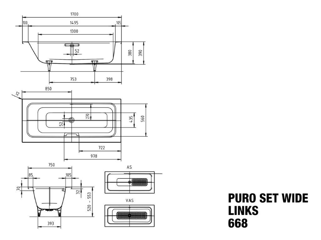 Kaldewei Badewanne PURO SET WIDE links 668 Griffloch, Antislip, manhattan, 170x75cm, Überlauf mittig