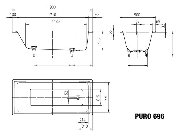 Kaldewei Badewanne PURO 696 190x90cm, Antislip Perl-Effekt, weiß