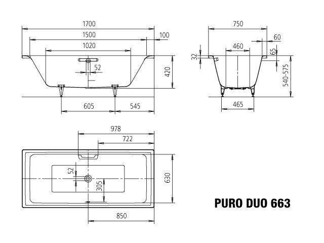 Kaldewei Badewanne PURO DUO 663 170x75cm, Überlauf mittig, Vollantislip, schwarz