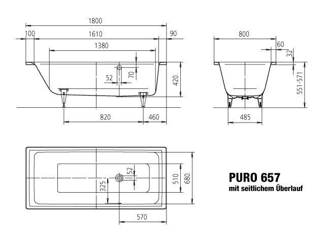 Kaldewei Badewanne PURO 657 180x80cm, Überlauf seitlich links, Standard, weiß