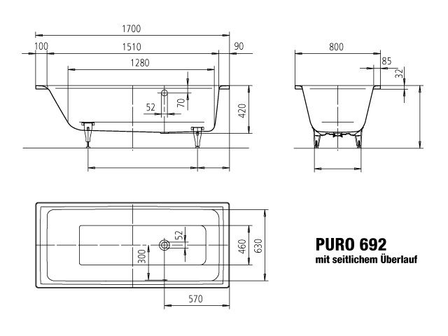 Kaldewei Badewanne PURO 692 170x80cm, Überlauf seitlich, Perl-Effekt, Sonderüberlauf, Rutschhemmend, pergamon