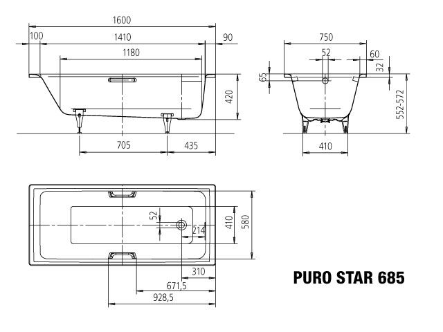 Kaldewei Badewanne PURO STAR 685 160x70cm, Perl-Effekt, weiß