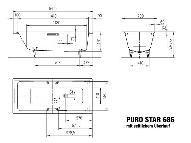 Kaldewei Badewanne PURO STAR 686 160x70cm, Überlauf seitlich, Antislip Perl-Effekt, weiß