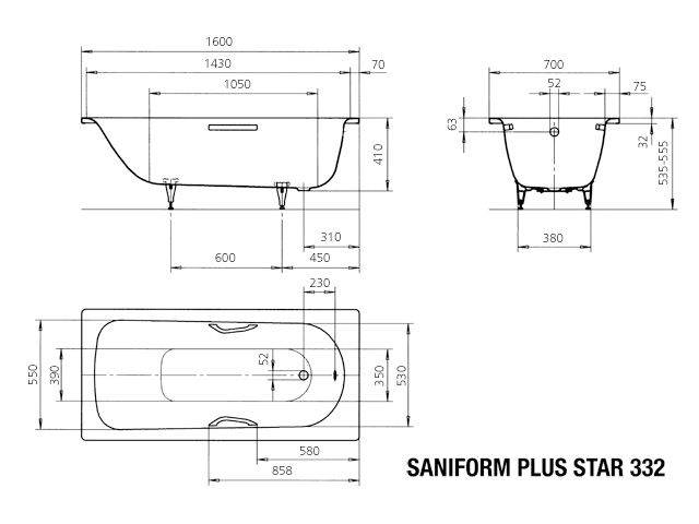 Kaldewei Badewanne SANIFORM PLUS STAR 332 160x70cm, Antislip Perl-Effekt, schwarz