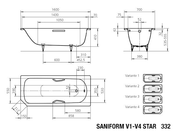 Kaldewei Badewanne SANIFORM STAR 332 160x70cm, Vollantislip, Variante 2, weiß