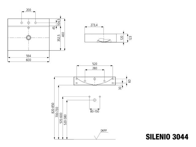 Kaldewei Wand-Waschtisch SILENIO ohne Überlauf, 3 Hahnlöcher, 3044, 60 x 46 x 12 cm, warm grey 60 Perl-Effekt