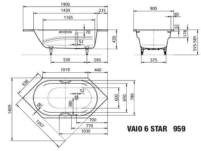 Kaldewei Badewanne VAIO 6 STAR 959 190x90cm, Griffloch, Perl-Effekt, SÜL, Ruschhemmend, bahamabeige