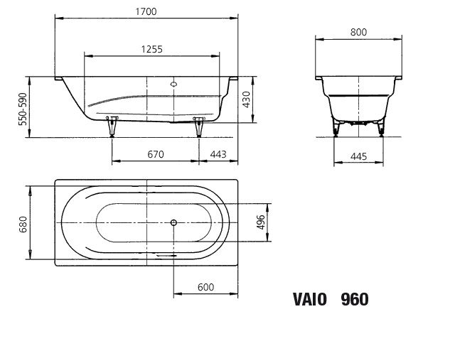 Kaldewei Badewanne VAIO 960 170x80cm, Griffloch, SÜL, Vollantislip, weiß